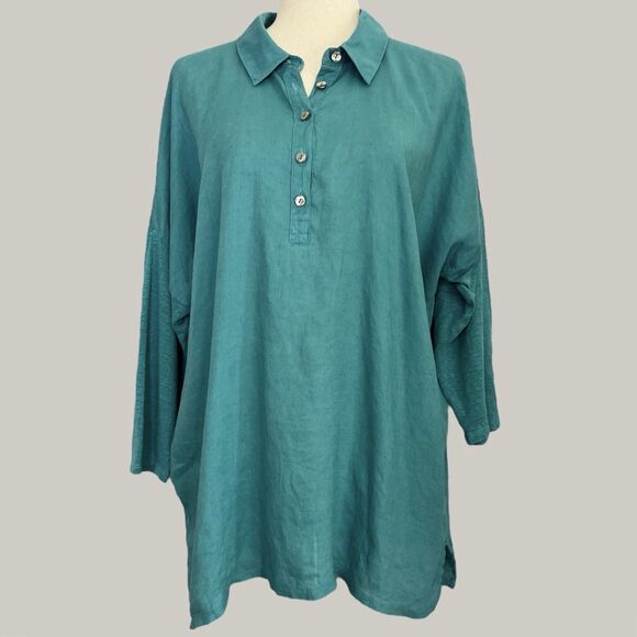 J Jill Love Linen Teal Tunic Size L Lagenlook Coastal Collared Beachy Minimalist - Picture 12 of 12